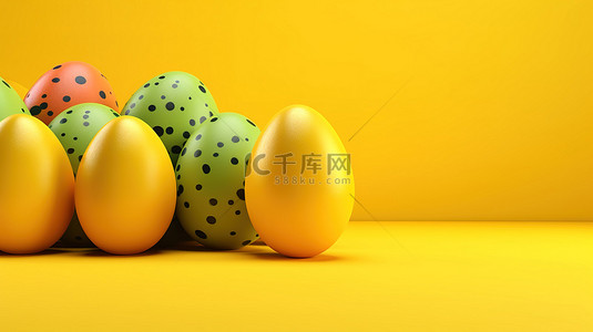文本装饰背景图片_黄色背景复活节彩蛋的 3D 插图，带有文本空间