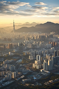 城市航拍背景图片_日出时首尔市的航拍照片