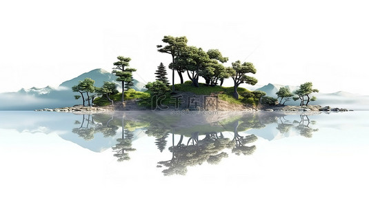 森林山顶背景图片_风景秀丽的高山湖泊和白色背景树的 3d 插图