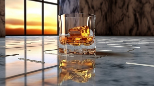 威士忌背景图片_混凝土地板上威士忌玻璃的 3d 渲染