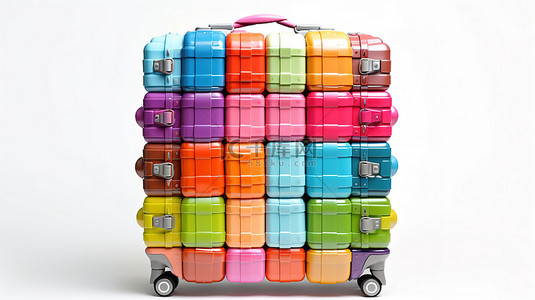 的行李箱背景图片_白色背景下 3D 渲染中充满活力的行李箱