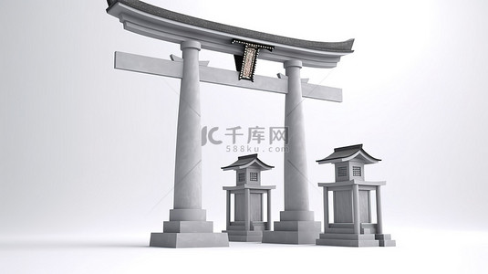 日本寺庙背景图片_优质产品展示白色背景，带有日本牌坊门和灰色讲台的 3d 渲染