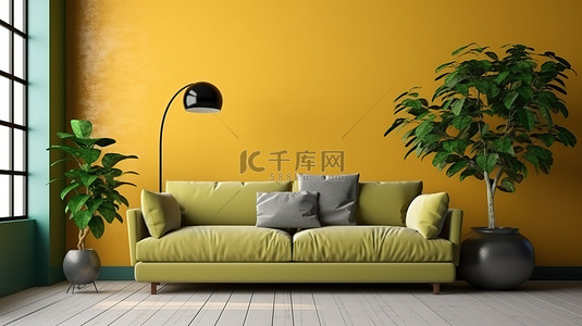 家背景图片_客厅模型中黄色沙发和郁郁葱葱的绿色植物的 3D 渲染