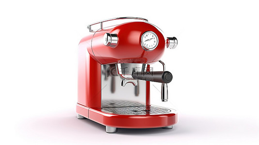 带有红色金属保护罩和白色背景保修的浓缩咖啡机的 3D 渲染