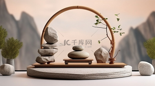 宁静的石头禅宗花园，具有日本风格的 3D 产品渲染