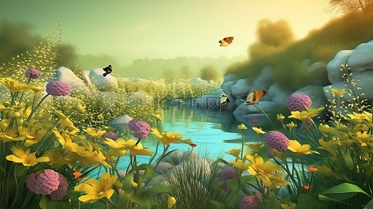 令人惊叹的 3D 自然场景河流与鲜花鸟类和大黄蜂