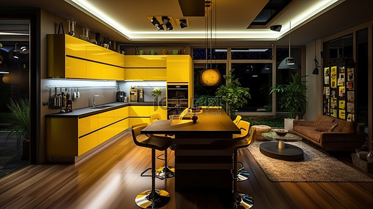 当代家居室内装饰以充满活力的黄色厨房为特色，在晚上和夜间 3D 渲染中由人造光源照明