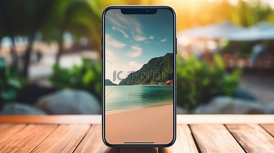 安卓手机背景图片_热带场景背景的 3D 渲染与智能手机模型，具有用于移动应用程序的无框空白屏幕
