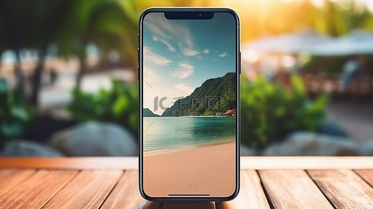 热带场景背景的 3D 渲染与智能手机模型，具有用于移动应用程序的无框空白屏幕