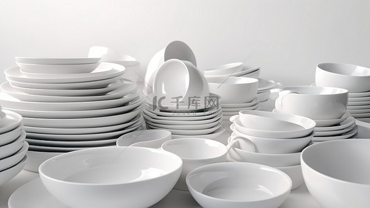 美食背景图片_3d 渲染中纯白色背景上的一堆空白白色盘子