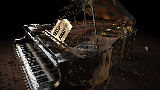 3D 渲染中旧且损坏的钢琴