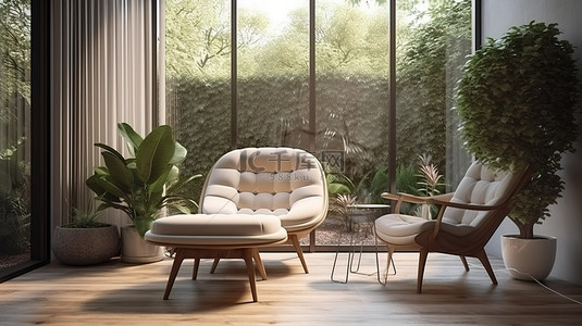 客厅绿洲美丽的 3D 渲染软扶手椅，可欣赏花园景观