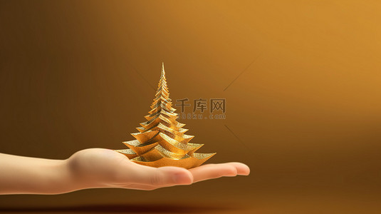 手握闪闪发光的金色圣诞树的 3D 插图，非常适合横幅和背景