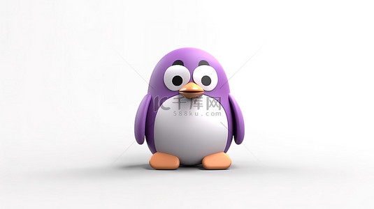 可爱的紫色和白色吉祥物橡皮泥或粘土企鹅在 3D 渲染中设置在干净的白色背景下