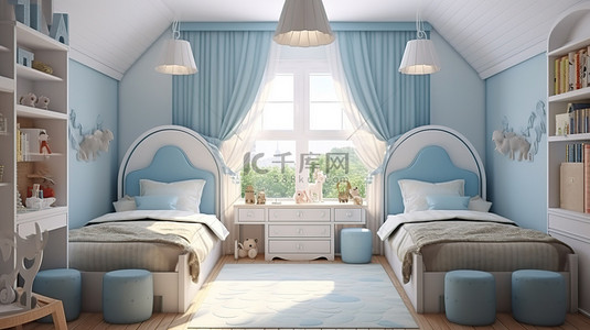 精致的 3D 渲染，为兄弟姐妹打造了一间豪华的儿童卧室，配有宁静的蓝色和柔和的牛奶色调的两张单人床