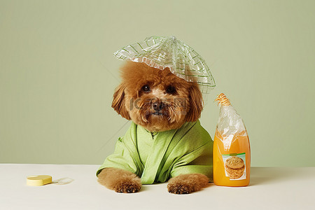 可爱背景图片_一只棕色头发的狗坐在桌子上，头上套着塑料袋