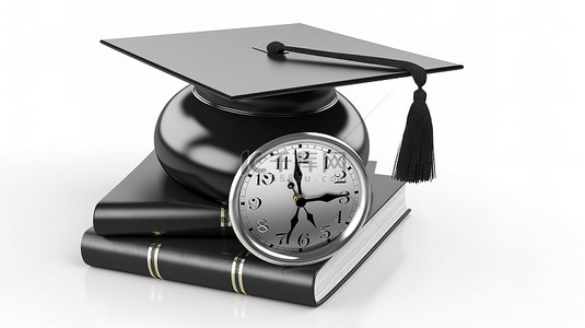 学习背景图片_永恒的教育毕业帽，以白色背景上的 3D 渲染的现代时钟为象征