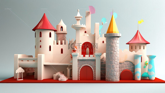 玩具城堡背景图片_3D 渲染的卡通城堡中的产品展示台
