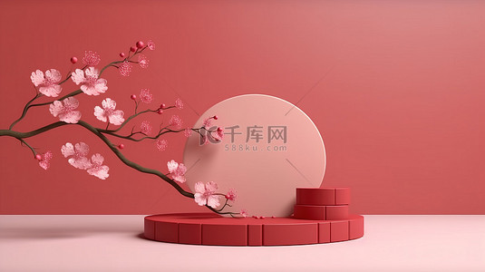 时尚的中国风格背景，带有猩红色平台和盛开的樱花树，用于动态产品展示 3D 渲染插图