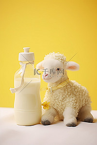 养老育儿背景图片_一只带着瓶子的小绵羊和假人的照片
