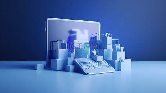 在蓝色背景下使用个人电脑和智能手机呈现 3d 在线购物的概念