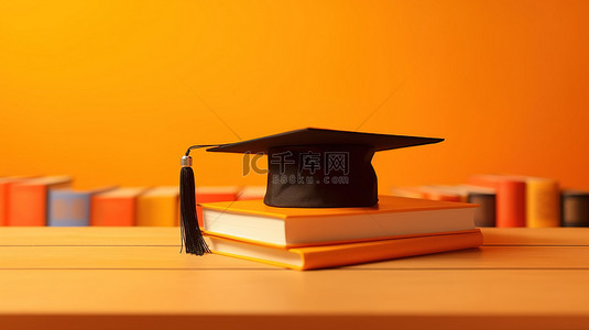 大学毕业背景图片_毕业知识一本书和橙色背景上的帽子的 3D 渲染