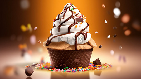 卡通饼干背景图片_滴落的巧克力和香草冰淇淋，在脆脆的威化画布上装饰着彩色的糖霜，3D 模型和视觉呈现