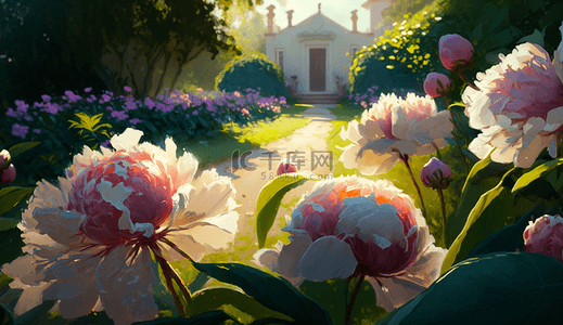 欧式背景复古背景图片_阳光盛开的花朵花瓣公园景色油画花卉背景