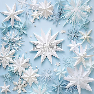 圣诞节背景图片_蓝色和白色雪花中的纸雪花与圣诞节背景