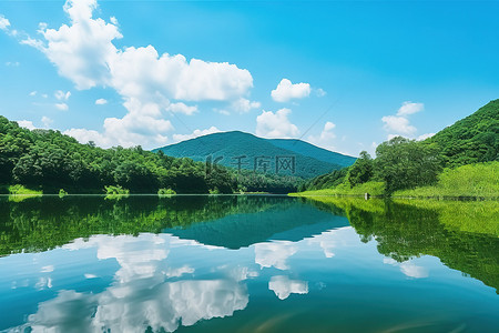 湖水倒映在天空中，周围群山环绕