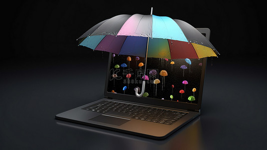 游戏软件背景图片_伞固定笔记本电脑屏幕在 3D 渲染中显示游戏符号