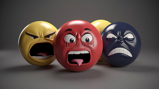 愤怒的 facebook emoji 3d 渲染图标是灰色背景下社交媒体的气球符号