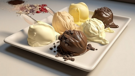 四种巧克力装饰 3D 渲染的冰淇淋勺，包括白巧克力