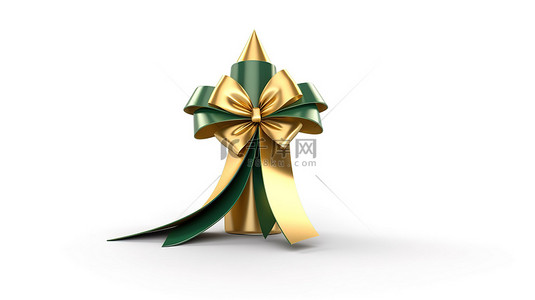 圣诞树的 3D 插图，上面有一颗金星，用绿色丝带绘制，并隔离在白色背景上