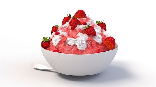 卡通风格 3D 渲染白色背景分离草莓 bingsu 刨冰
