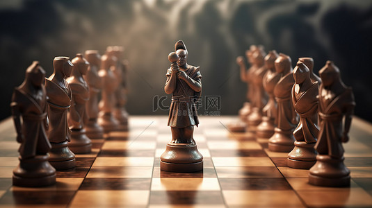 两支敌对的国际象棋队在 3D 渲染的棋盘上对峙