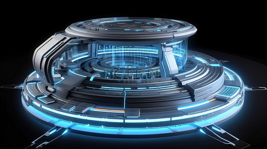 在圆形产品展示台上展示未来太空飞船概念的令人惊叹的 3D 渲染