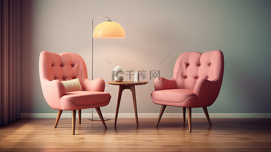 手工咖啡背景图片_舒适的扶手椅和优雅的桌子的 3D 渲染