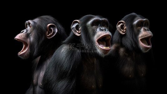 闭着眼睛背景图片_3D 插图中的黑猩猩站立，嘴巴闭着，孤立在黑色背景上