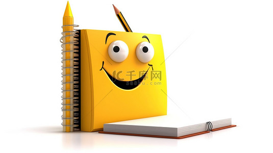 俏皮的铅笔卡通片，带有空白的个人日记或组织书，在 3D 渲染的白色背景上呈现
