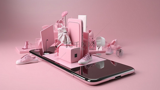 基于智能手机的在线购物概念 3D 渲染