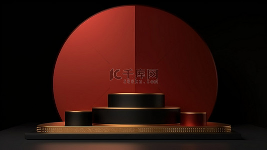 黑色背景上华丽的金色讲台，带有 3D 渲染的豪华元素用于产品展示
