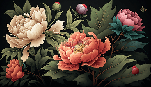 立夏背景图片_盛开的牡丹花复古装饰画花卉海报插图