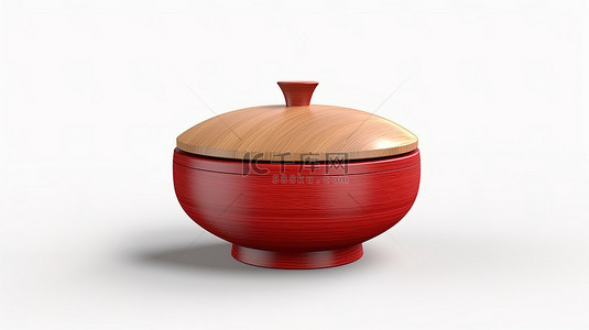 3D 渲染的亚洲红色木碗，盖子放置在白色背景上，非常适合提供食物
