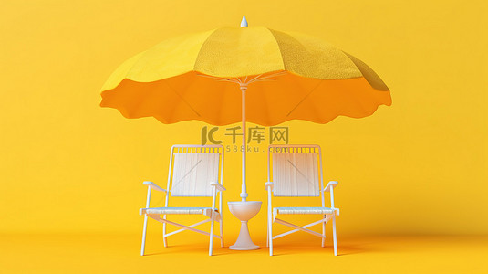海滩上的简约 阳光明媚的黄色背景上伞椅的 3D 插图