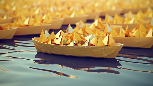黄色领航纸船的 3D 渲染，引导白色跟随船通过团队合作走向成功