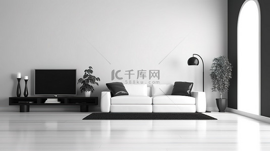 时尚黑白背景图片_简约客厅内部的时尚黑白 3D 渲染
