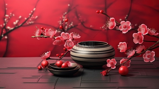产品演示与 3D 渲染中国灵感樱花和红盘背景