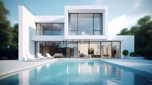 令人惊叹的现代住宅，带有 3D 渲染中描绘的游泳池