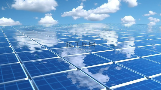 太阳能屋顶背景图片_带有云反射的蓝色阴影太阳能电池板的 3D 插图